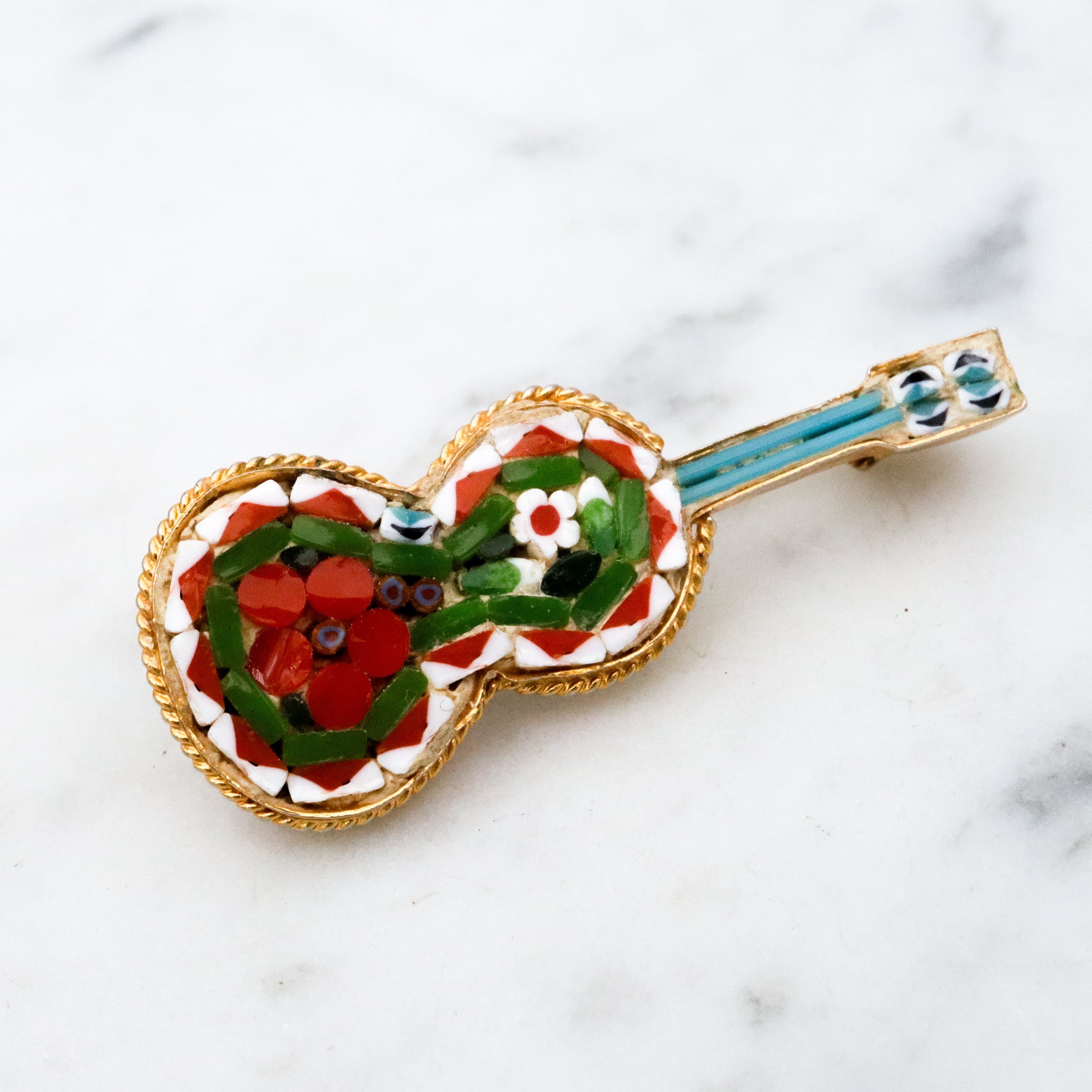 Vintage Italian micro mosaic guitar brooch